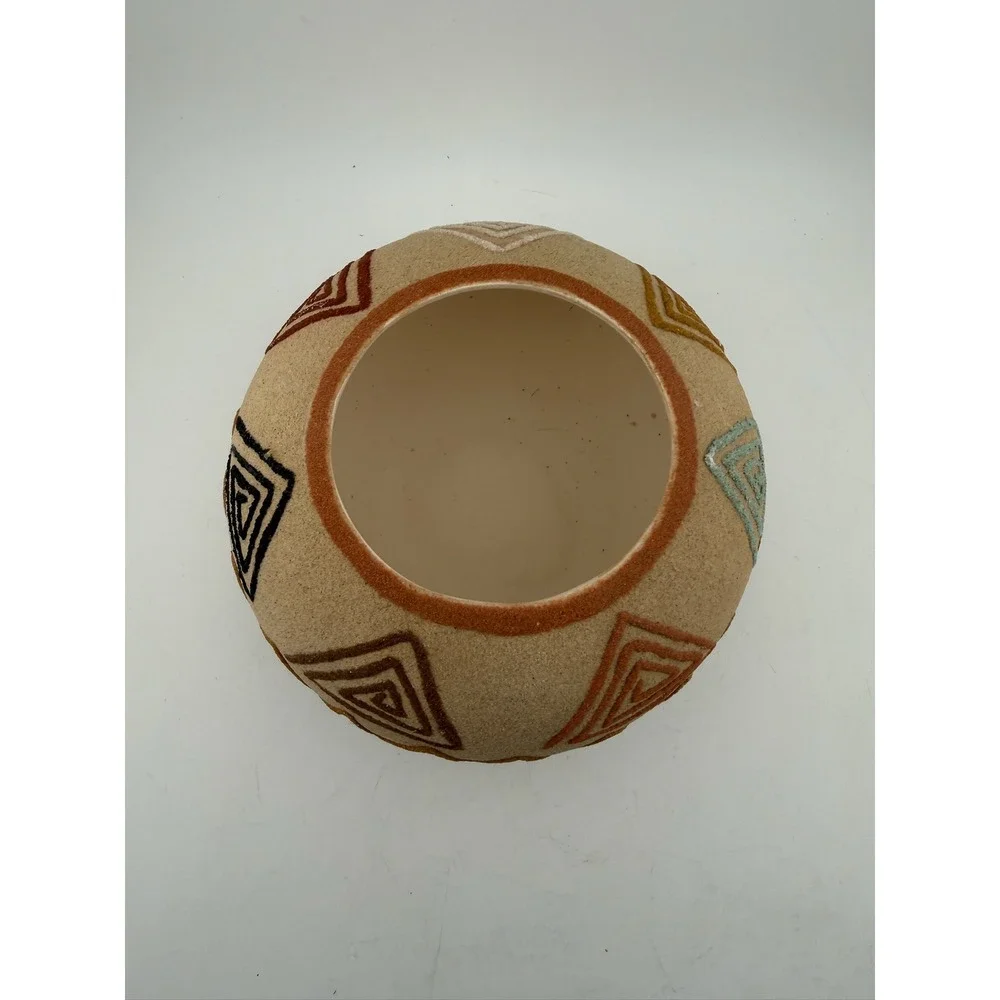 Round Ceramic Pot Decorative Bowl‎ Southwestern Tribal Geometric Design Tan